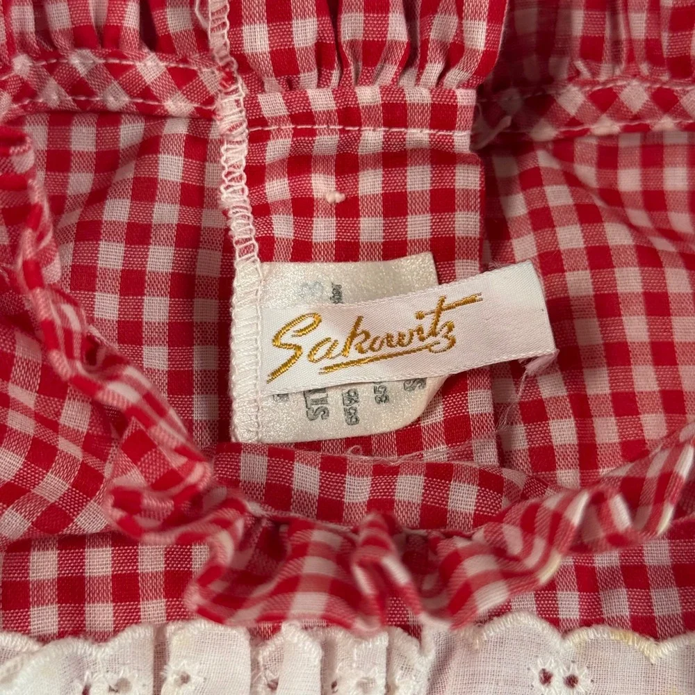 Vintage Sakowitz Girls Red Gingham Apron Dress I Love You This Much 4T Eyelet